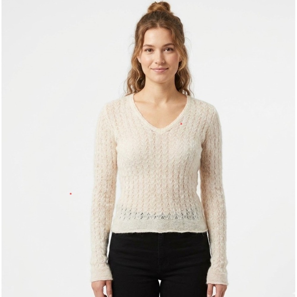 Y2K Vtg Ann‎ Taylor Sweater Womens SP Cream Mohair Wool Pointelle V-Neck Knit